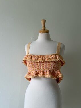 Zara Knit Ruffle Crop Top Orange Pink Textured Off Shoulder Bralette Size S
